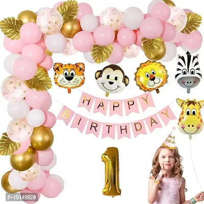 Happy Birthday Jungle Theme - (37) 1 Birthday Banner + 1 Birthday number + 5 Confetti Balloons + 5 Animal Face Foil Balloon with 25 HD Metallic Balloons (1st Birthday)-thumb0