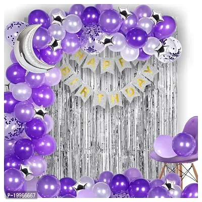 Premium Quality Happy Birthday Decoration Balloon Arch Garland Kit 90 Items Moon  Stars Style (Purple-Silver)