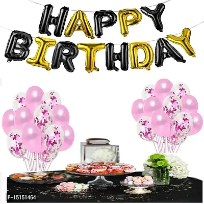 Happy Birthday Letter Foil  10 Confetti  10 Latex Ballons Pink for Party Decoration - BLACK  GOLD-thumb0