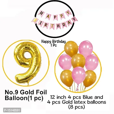 9th Birthday Baby Girl/Boy Decoration Combo. Pink banner(1pc) Number Foil Balloon(1pc) and Gold  Blue Metallic Balloons (10pc) Set 12Pcs-thumb3