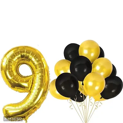 9th Birthday Baby Girl/Boy Decoration Combo. Number Foil Balloon(1pc) and Gold  black Latex Balloons (50pc) Set 51Pcs