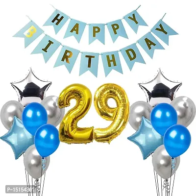 Silver  Blue 29th Happy Birthday Balloons Decoration Kit Items Combo-17Pcs for Kids Boys, Girls, 4 Star Foil Balloons,10 Latex Balloons, 1 Banner ,2 number foil balloon-thumb0