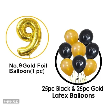 9th Birthday Baby Girl/Boy Decoration Combo. Number Foil Balloon(1pc) and Gold  black Latex Balloons (50pc) Set 51Pcs-thumb2