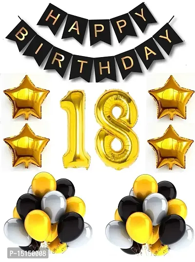 ZQNYCY 18th Gold Number Foil Balloon  Black Happy Birthday Banner  30 Piece Gold,Black  Silver latex balloons  4 Star Foil Balloon For Birthday Decoration Items (Set Of 37 Piece)