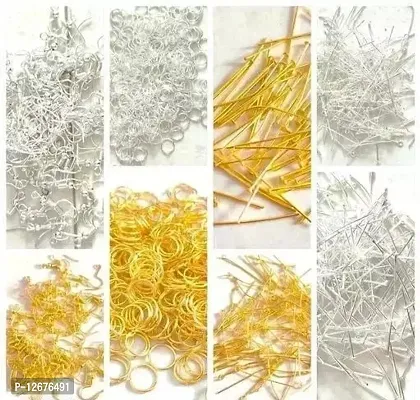 Jewellery Making Kit of Golden and Silver Head pin + Eye Pin + Small Jump Rings + Hook (50 pcs each - Total - 400 pcs)