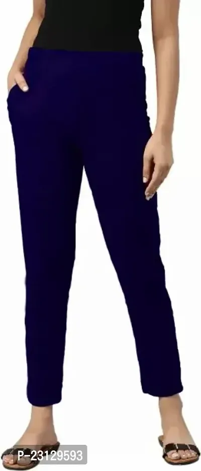 Elegant Navy Blue Cotton Solid Trousers For Women
