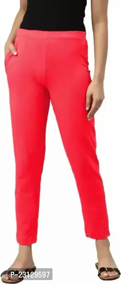 Elegant Red Cotton Solid Trousers For Women