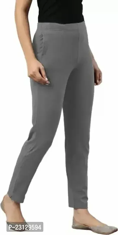 Elegant Grey Cotton Solid Trousers For Women