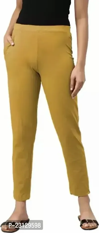 Elegant Yellow Cotton Solid Trousers For Women