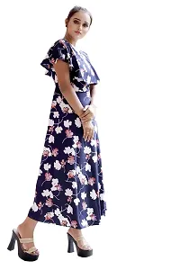 AYAN TRENDZ Crepe Floral Printed Round Neck Half Sleeve Long Western Dress (Small, Navy Blue)-thumb2
