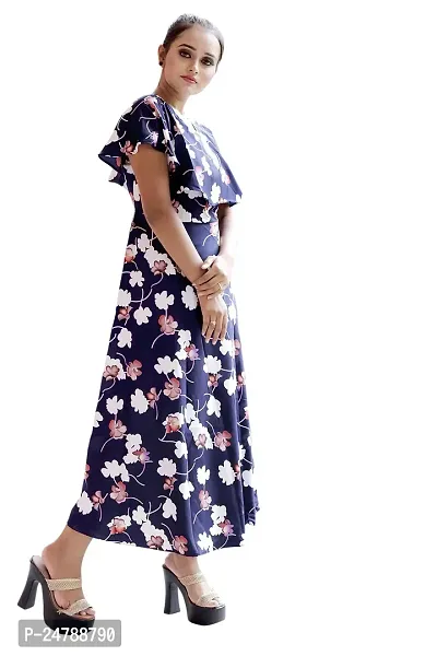 AYAN TRENDZ Crepe Floral Printed Round Neck Half Sleeve Long Western Dress (Small, Navy Blue)-thumb3