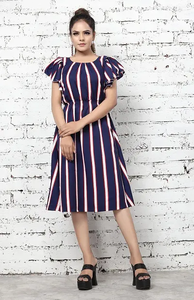 AYAN TRENDZ Crepe Striped Gathered Knee Length Western Dress for Women