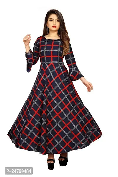 AYAN TRENDZ Crepe Printed Round Neck Bell Sleeve Long Dress for Women (XX-Large, Navy Blue  Red)-thumb4