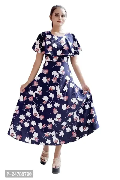 AYAN TRENDZ Crepe Floral Printed Round Neck Half Sleeve Long Western Dress (Small, Navy Blue)