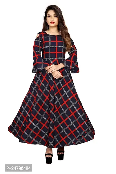 AYAN TRENDZ Crepe Printed Round Neck Bell Sleeve Long Dress for Women (XX-Large, Navy Blue  Red)-thumb0