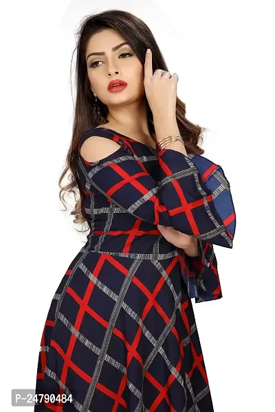 AYAN TRENDZ Crepe Printed Round Neck Bell Sleeve Long Dress for Women (XX-Large, Navy Blue  Red)-thumb3