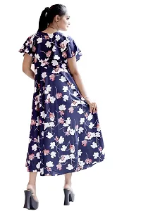 AYAN TRENDZ Crepe Floral Printed Round Neck Half Sleeve Long Western Dress (Small, Navy Blue)-thumb1
