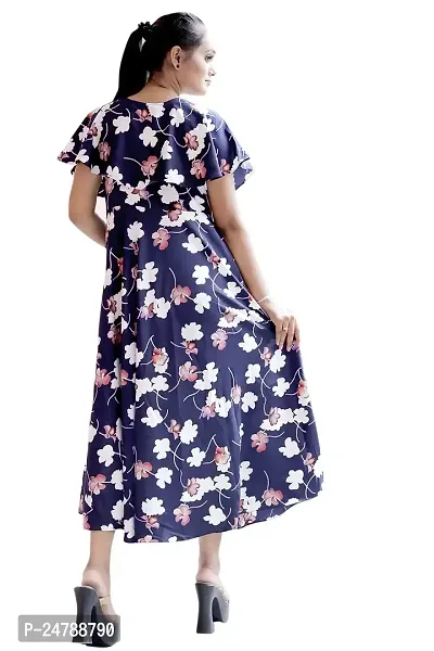 AYAN TRENDZ Crepe Floral Printed Round Neck Half Sleeve Long Western Dress (Small, Navy Blue)-thumb2