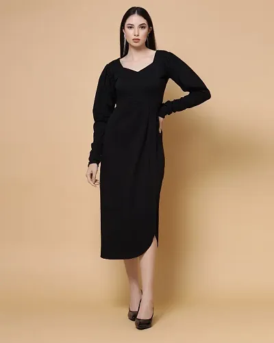 STYLICA Womens Black Solid Midi/Calf Length Dress|Dress For Women|Stylish Dress|Fit and Flare Dress|A-line Dress