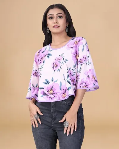 Womens Crepe Floral Print Crop Length Top