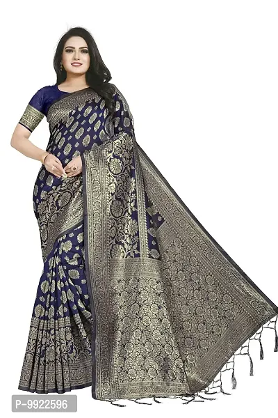 HIRU FASHION Women's Banarasi Silk Saree With Unstitched Blouse Piece (Hr-Am-015-Navy Blue_Navy Blue)