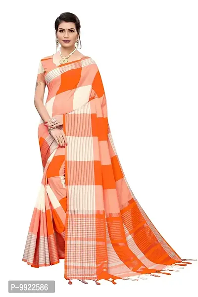 HIRU FASHION Women's Plain Weave Cotton Silk Style Saree with Blouse Piece (Orange)