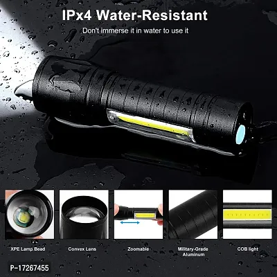 Aluminum-Alloy Mini High Power Chip on Board Q5 LED Rechargeable Zoomable Flashlight Torch (Black)-thumb4