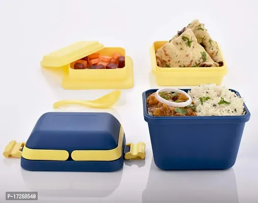 Plastic Dieting Airtight Lunch/Tiffin Box Set 3 Compartment Tiffin with Handle  Push Lock for Travelling, School Kids  Office Exclusive, Blue (14 x 12 x 14 cm)