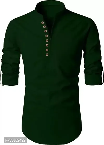 Stylish Green Cotton Solid Short Length Kurta For Men