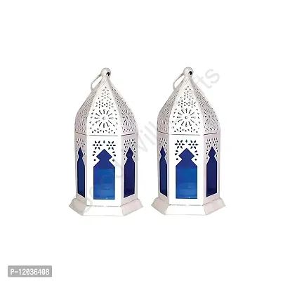 Good Will Crafts? Moroccan Color White Iron Hanging/Table Lantern/Lamp (Size 17 cm X 10 cm, Pack of 2)-thumb0