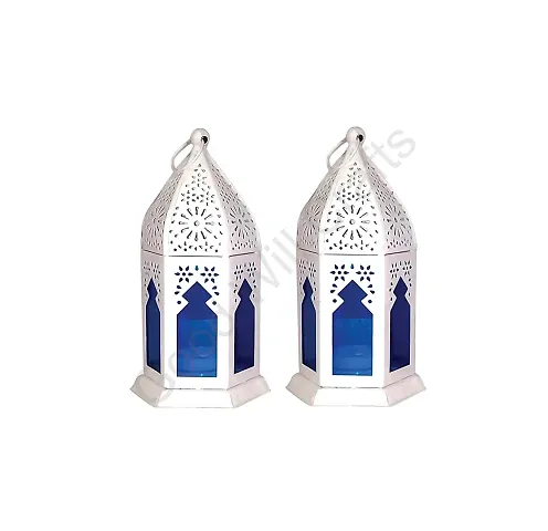 Good Will Crafts? Moroccan Color White Iron Hanging/Table Lantern/Lamp (Size 17 cm X 10 cm, Pack of 2)