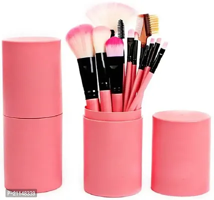 Stylish Professional Series Makeup Brush Set With Storage Barrel - Pink (Pack Of 12)-thumb0