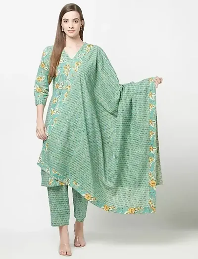 Trendy Cotton Printed Kurta Bottom and Dupatta Set