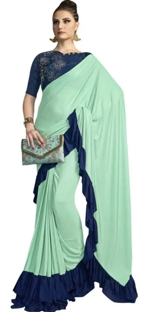 ATTIRIS Womens Lycra Blend Ruffle Solid Ready to Wear Saree with Blouse Piece