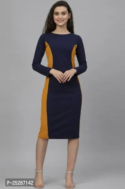 ATTIRIS Women's Lycra Solid Round Neck Full Sleeve Midi Bodycon Dress, Dark Blue-thumb0