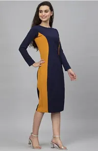 ATTIRIS Women's Lycra Solid Round Neck Full Sleeve Midi Bodycon Dress, Dark Blue-thumb4