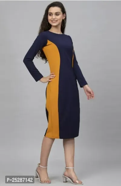 ATTIRIS Women's Lycra Solid Round Neck Full Sleeve Midi Bodycon Dress, Dark Blue-thumb5