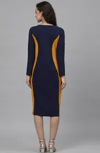 ATTIRIS Women's Lycra Solid Round Neck Full Sleeve Midi Bodycon Dress, Dark Blue-thumb2