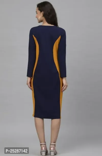 ATTIRIS Women's Lycra Solid Round Neck Full Sleeve Midi Bodycon Dress, Dark Blue-thumb3