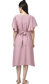 ATTIRIS Women's Chiffon Solid V-Neck Flared Sleeve Fit and Flare Midi Dress, Pink-thumb1