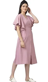 ATTIRIS Women's Chiffon Solid V-Neck Flared Sleeve Fit and Flare Midi Dress, Pink-thumb2