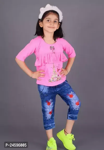 Stylish Cotton Printed Top With Bottom Set For Girls