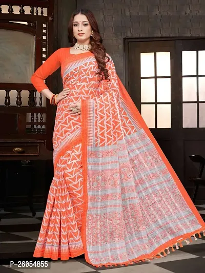 Elegant Orange Khadi Cotton Women Saree with Blouse piece
