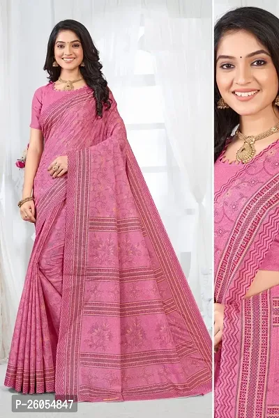 Elegant Pink Kanjeevaram Cotton Women Saree with Blouse piece-thumb0