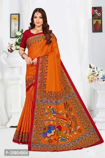 Elegant Orange Madhubani Cotton Women Saree with Blouse piece