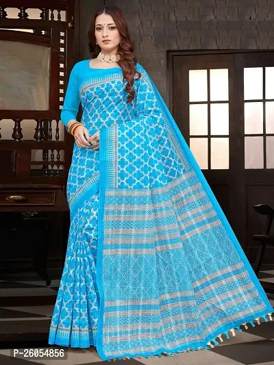 Elegant Sky Blue Madhubani Cotton Women Saree with Blouse piece