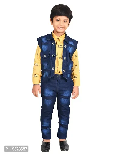 Fabulous Yellow Denim Solid Shirts with Jeans For Boys-thumb0