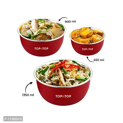 TOPMTOP Microwave Bowl, Bowl Sets, Bowl, Serving Bowl, Stainless Steel Serving Bowls, Kitchen Accessories Items, Kitchen Storage, Pack of 3, (1350ml+900ml+450ml), Red-thumb5