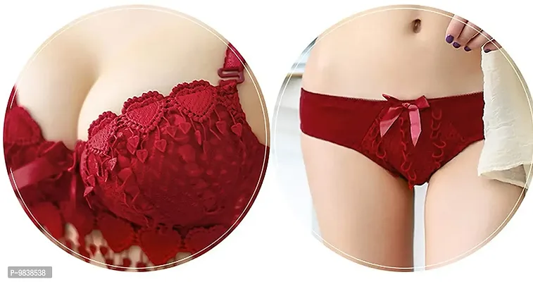 Flicarts Women's Gorgeous Honeymoon Heavily Padded Lace Wired Push up Bra Panty Bridal Set (32, Wine)-thumb3