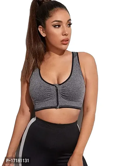 Grey Black Lightly Padded Removable Pads Non Wired Sports Bra-thumb0